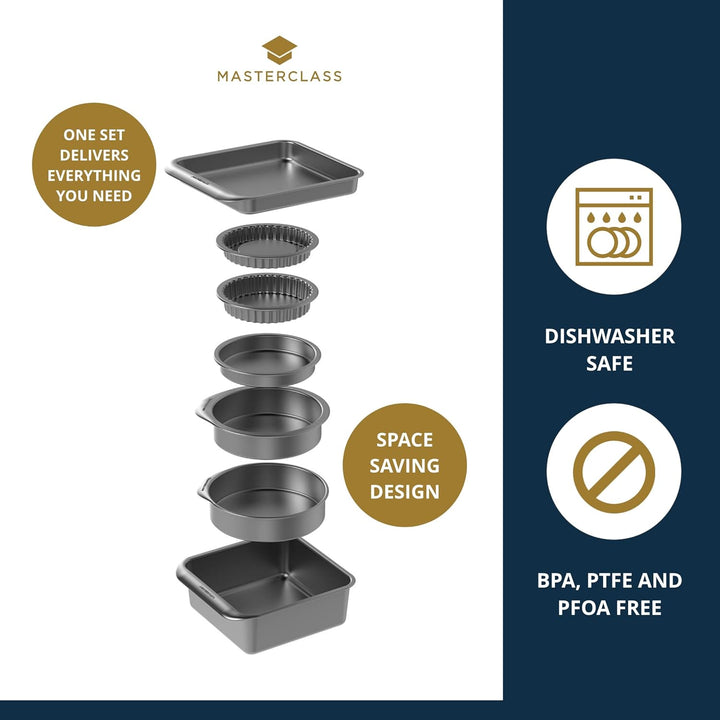 MasterClass Smart Space Backformen-Set 7-teilig, antihaftbeschichtet und stapelbar mit 1 x Bratform,