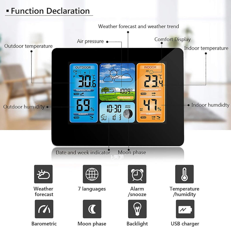 ALLOMN Wetterstationen kabellos mit Innen-/Aussensensor, LCD-Digitalwetterstation mit Alarm/Temperat