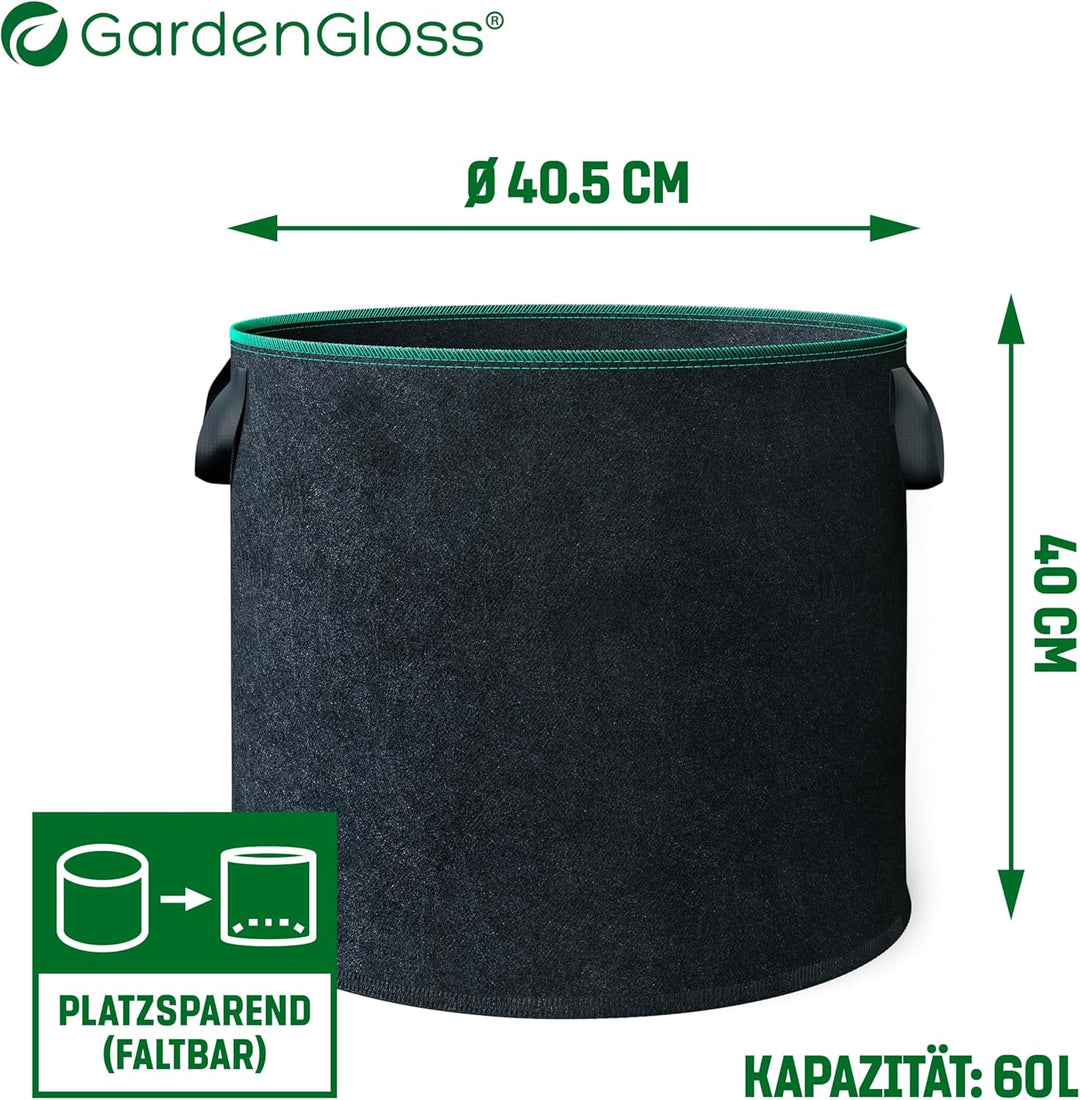 GardenGloss® Pflanzsack (3 Stück) - 60L Pflanztasche aus Vliesstoff - Pflanzentasche für Kartoffeln,
