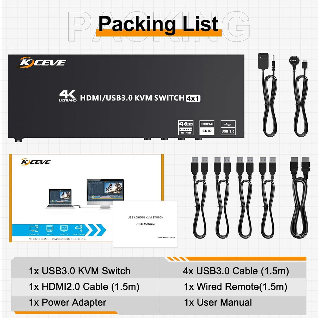 4 Port HDMI KVM Switch 4K@60Hz EDID-Simulation,KVM-Switches 4 PC 1 Monitor mit 4 USB 3.0 Ports für T