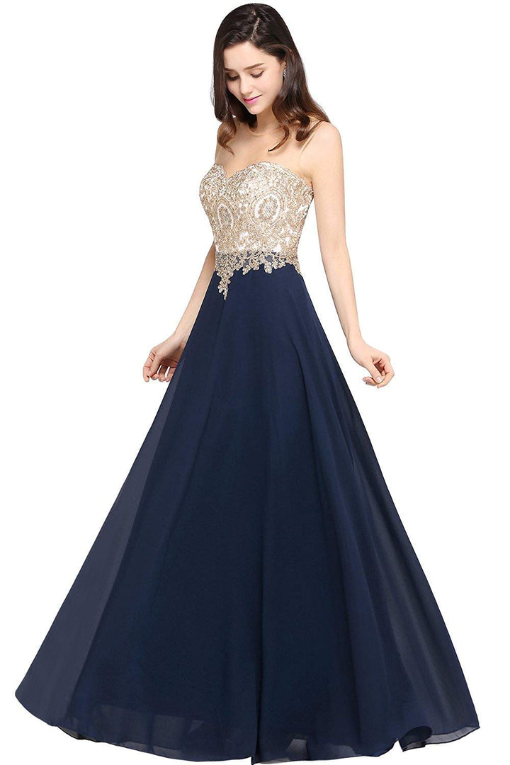 Misshow Abendkleid Chic Lang mit floralen Applikationen aus Chiffon Gr. 34 Marineblau, 34 Marineblau