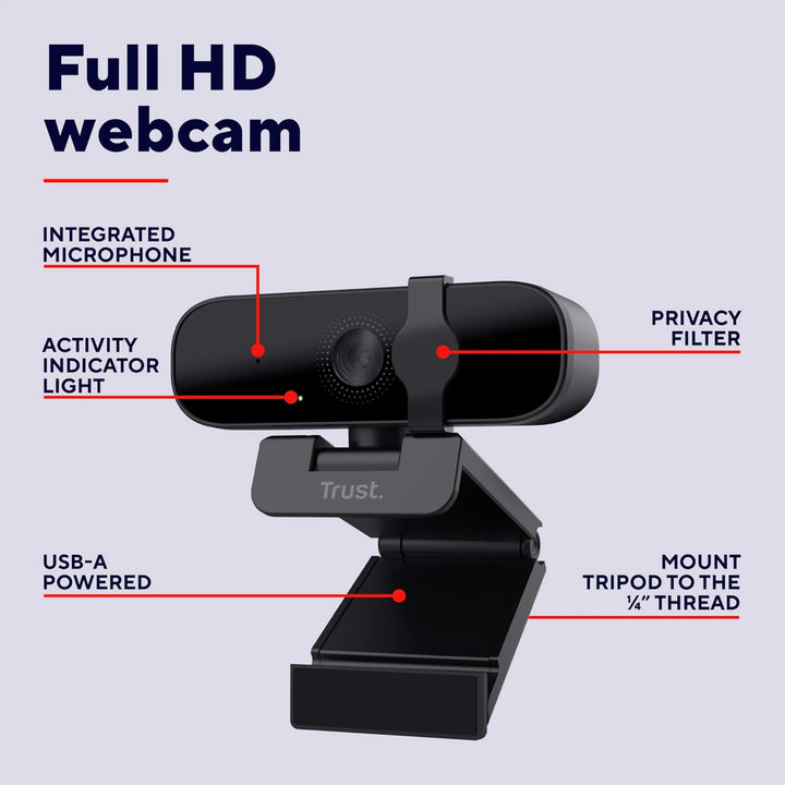 Trust Tanor 1080p Webcam PC, Full HD USB Web Cam mit Blickschutzfilter, PC Kamera mit Mikrofon, Fixf