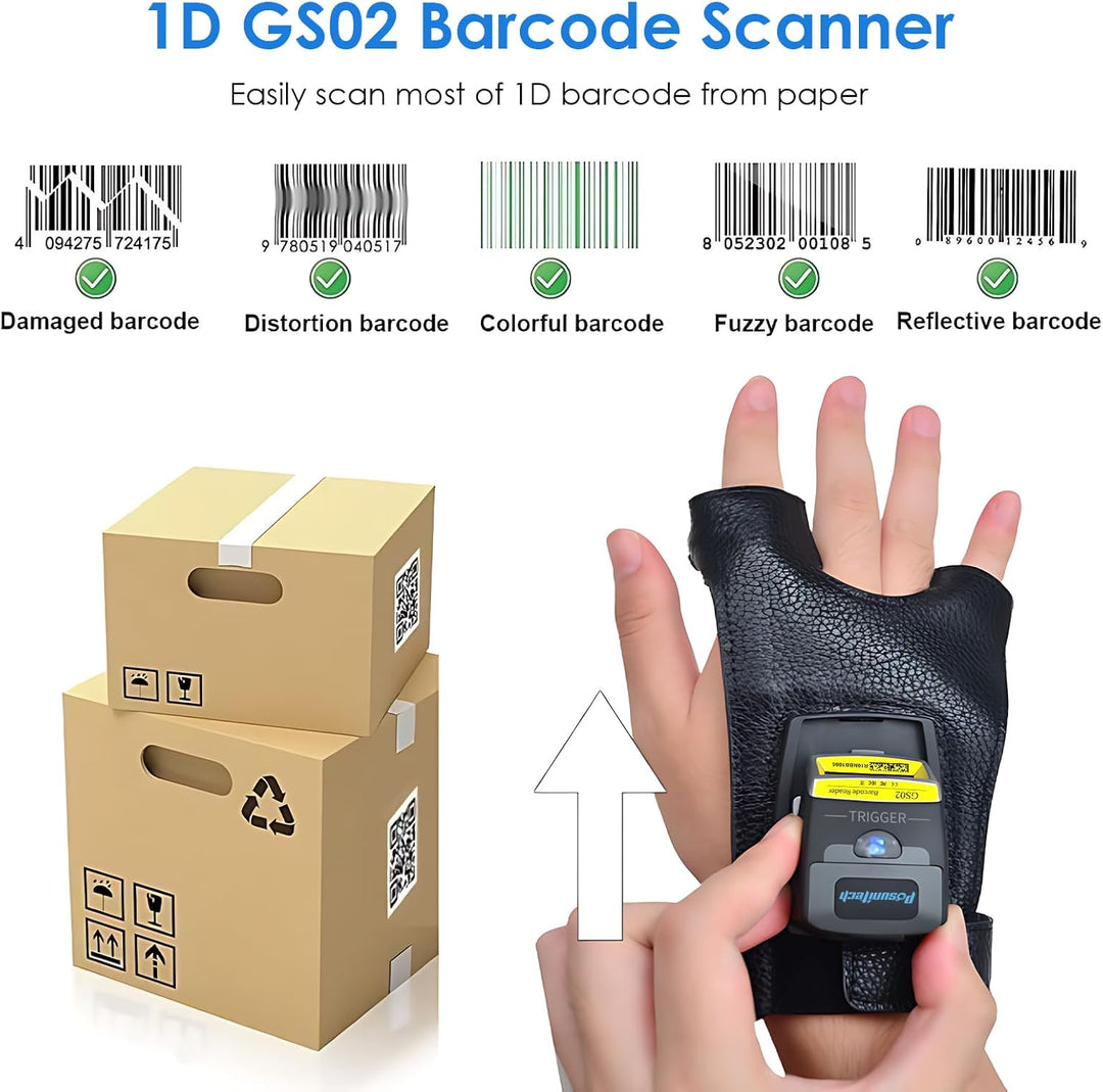 Posunitech Wearable 1D-Trigger-Barcode-Scanner Kabelloser Barcode-Scanner Bluetooth-kompatibler Klei