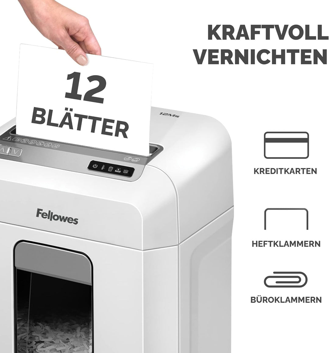 Fellowes Aktenvernichter 12Ms, 12 Blatt Minicut (P4), Papierschredder für Büro, Homeoffice, Schredde