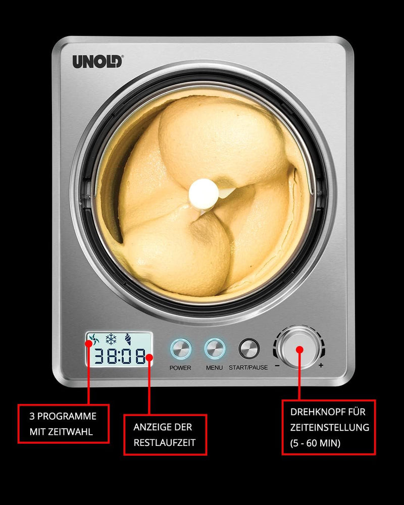 Unold 48980 Eismaschine Profi Plus inkl. Eisbuch mit 101 Rezepten | Speiseeisbereiter 2.5 L, Edelsta