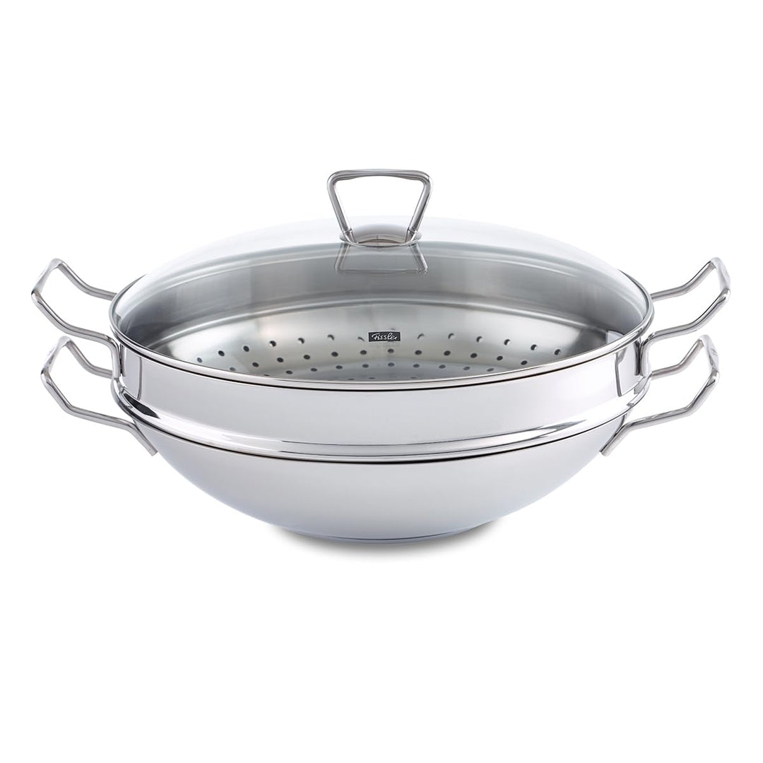 Fissler Nanjing / Edelstahl-Wok (Ø 36 cm) grosse Wok-Pfanne unbeschichtet,Asiapfanne mit Glas-Deckel