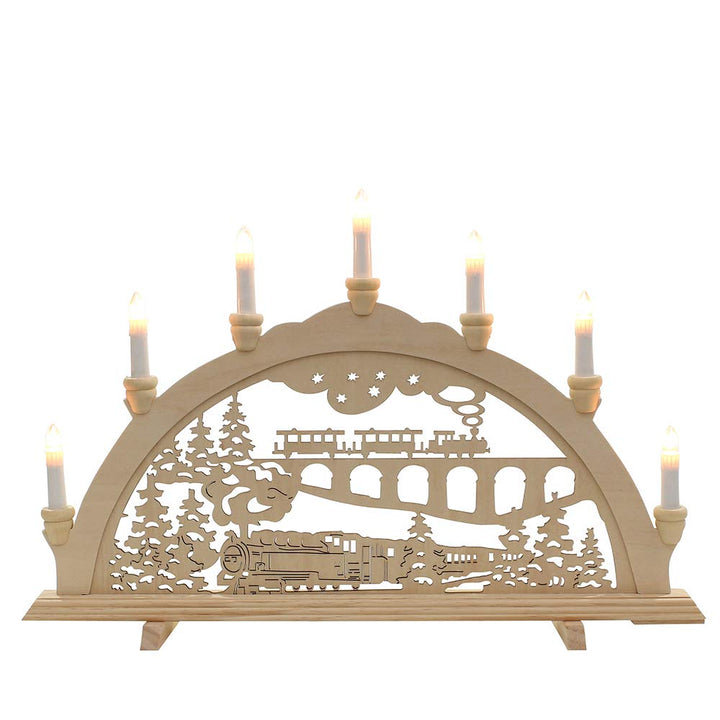 Dekohelden24 7-flammiger Holz Schwibbogen, Motiv: Eisenbahn, L/B/H: 58 x 4 x 38 cm, 37 cm, Eisenbahn