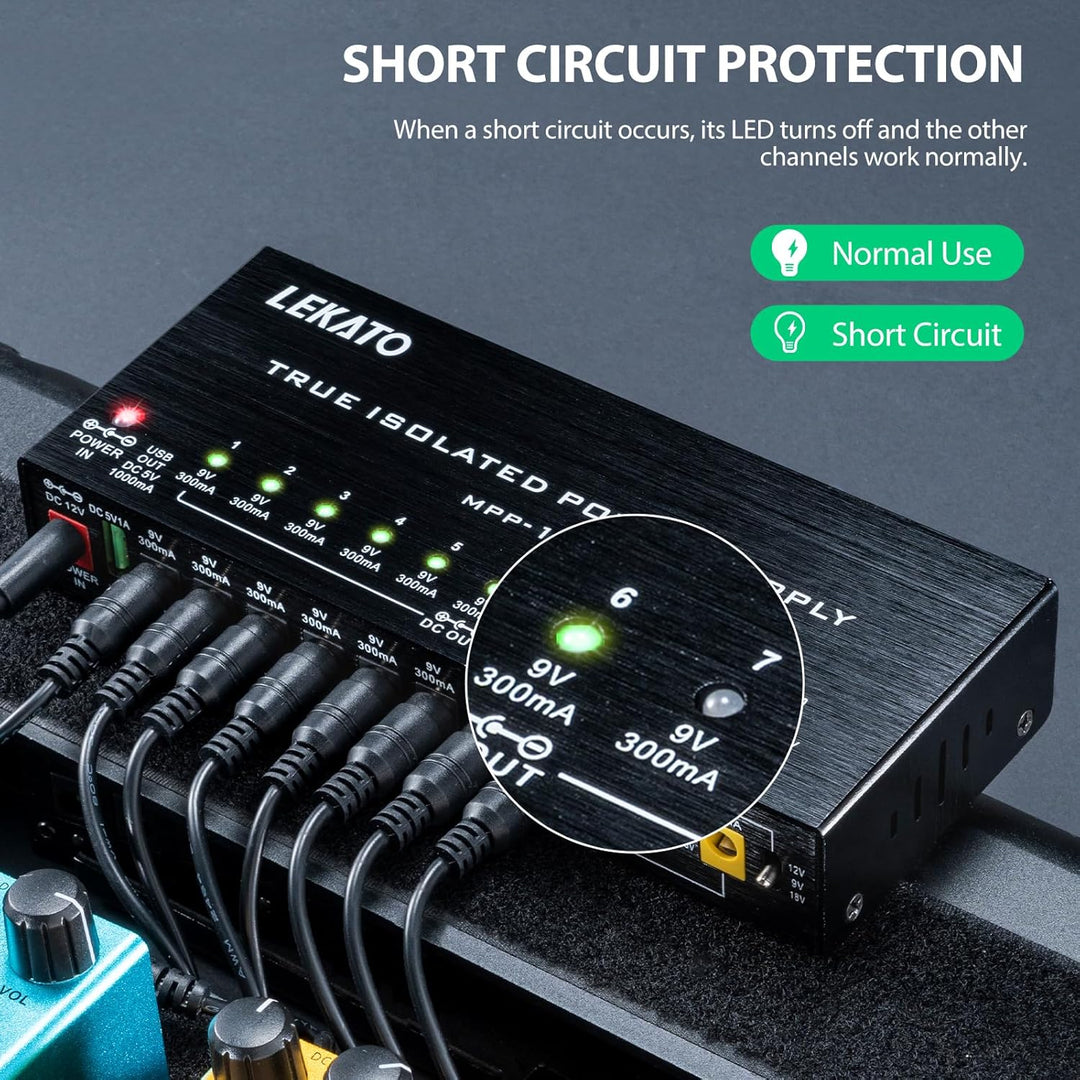 LEKATO Gitarre Pedal Netzteil, 10 Isolierte Ausgang für 9V/12V/18V, Effektpedal-Netzteil für E-Gitar