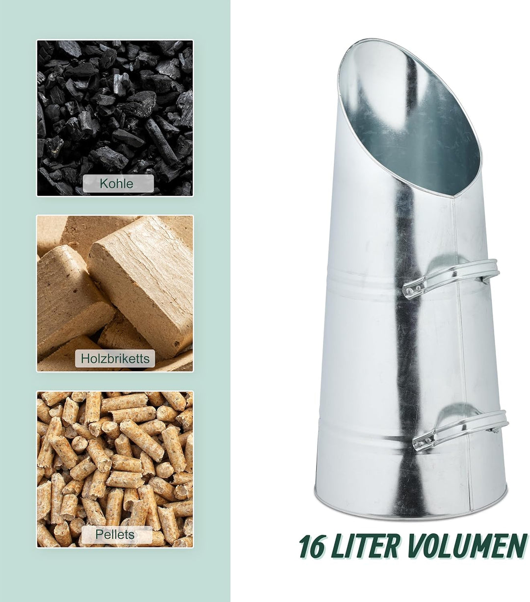 Relaxdays Kohlenschütte, 16 Liter, Eisen, Kohleeimer mit 2 Griffen, Pelletschütte zum Nachfüllen, Ka
