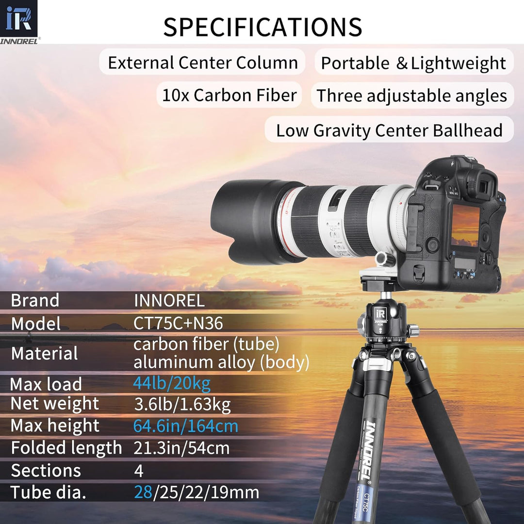 Kohlefaser-Stativ-INNOREL CT75C Professionelles Reisestativ für DSLR-Kamera Schwerlastständer 28mm R