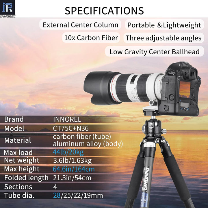 Kohlefaser-Stativ-INNOREL CT75C Professionelles Reisestativ für DSLR-Kamera Schwerlastständer 28mm R