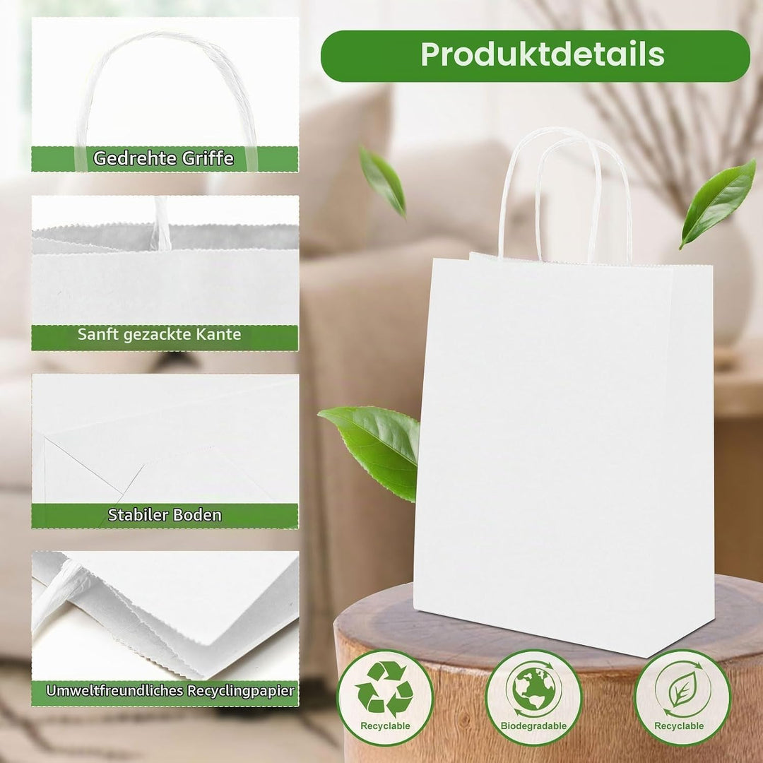 Gucass 50 Stück Klein Papiertüten mit Henkel, Weiss Kraft Papiertaschen Geschenktüten, 15x8x21cm Pap