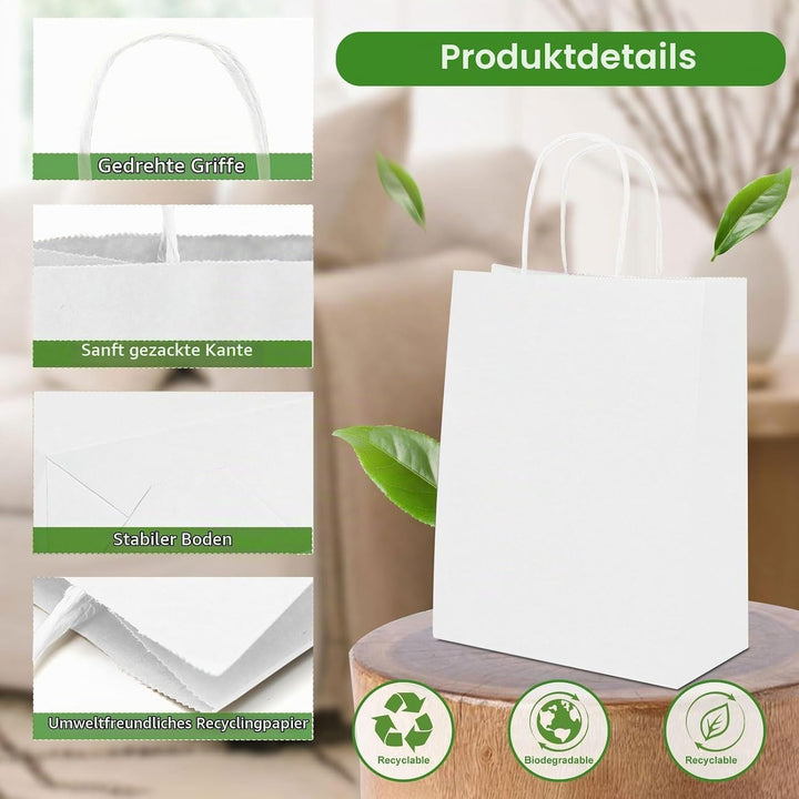 Gucass 50 Stück Klein Papiertüten mit Henkel, Weiss Kraft Papiertaschen Geschenktüten, 15x8x21cm Pap