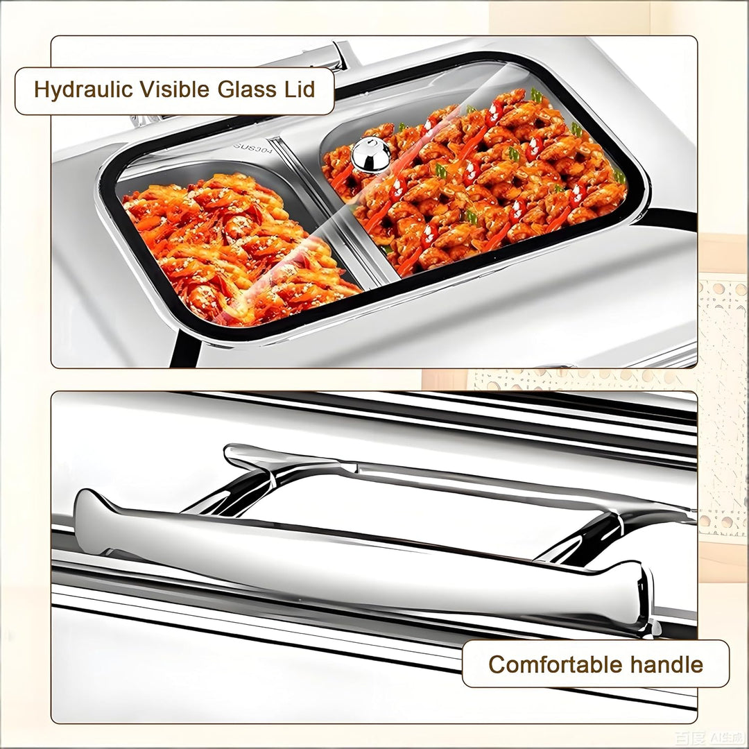 Elektrischer Chafing Dish Glasdeckel, 9L Edelstahl Speisewärmer Buffetwärmer Elektrisch Einstellbare