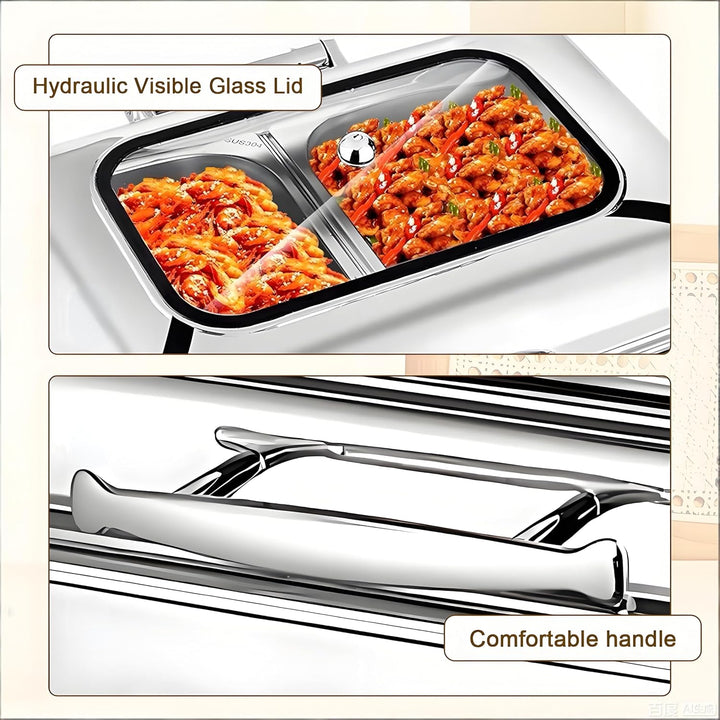 Elektrischer Chafing Dish Glasdeckel, 9L Edelstahl Speisewärmer Buffetwärmer Elektrisch Einstellbare