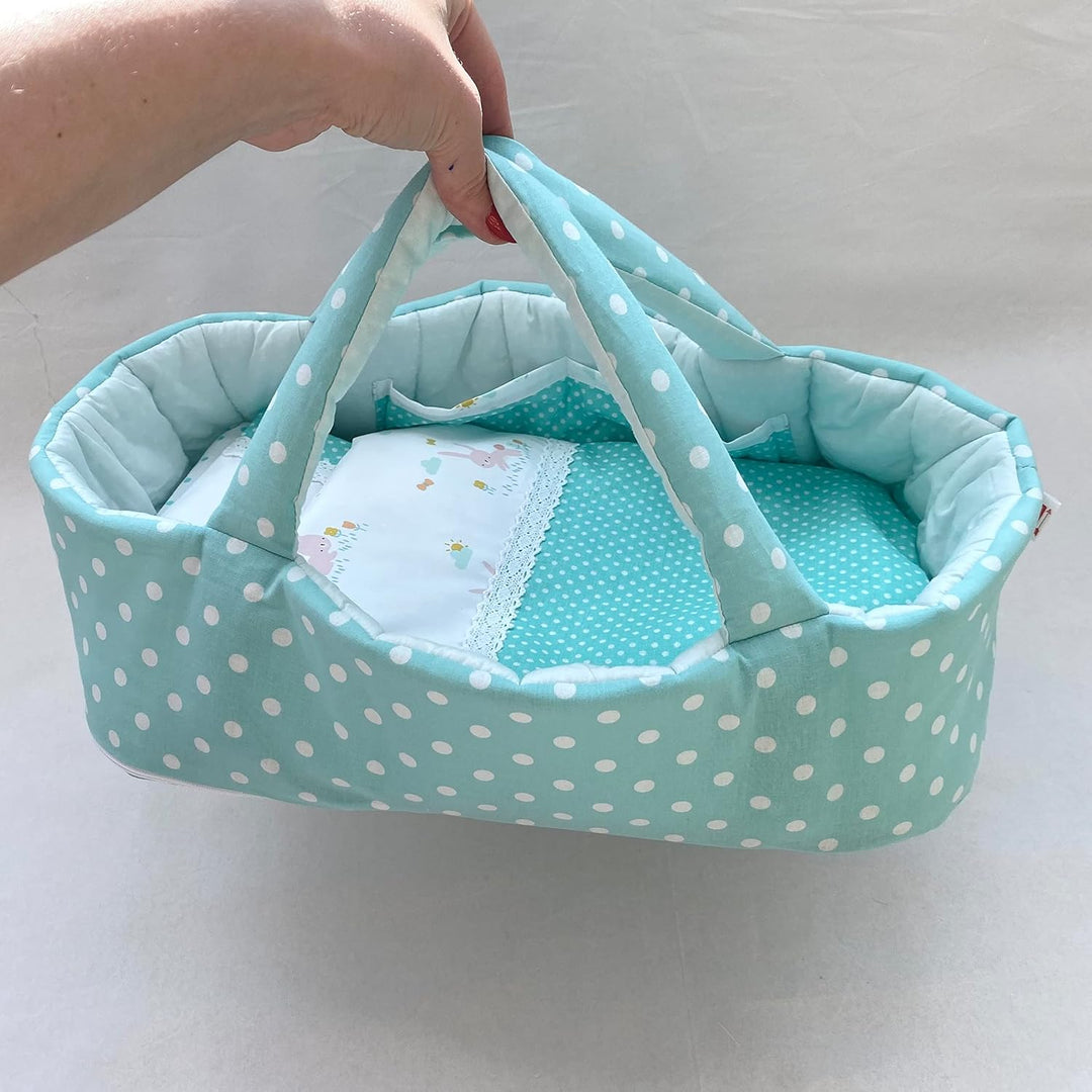 Puppentragetasche für Puppen 45-50 cm mit Bettwäsche, Pastell Grün, Hasen, Polka Dot, Baumwolle, Was