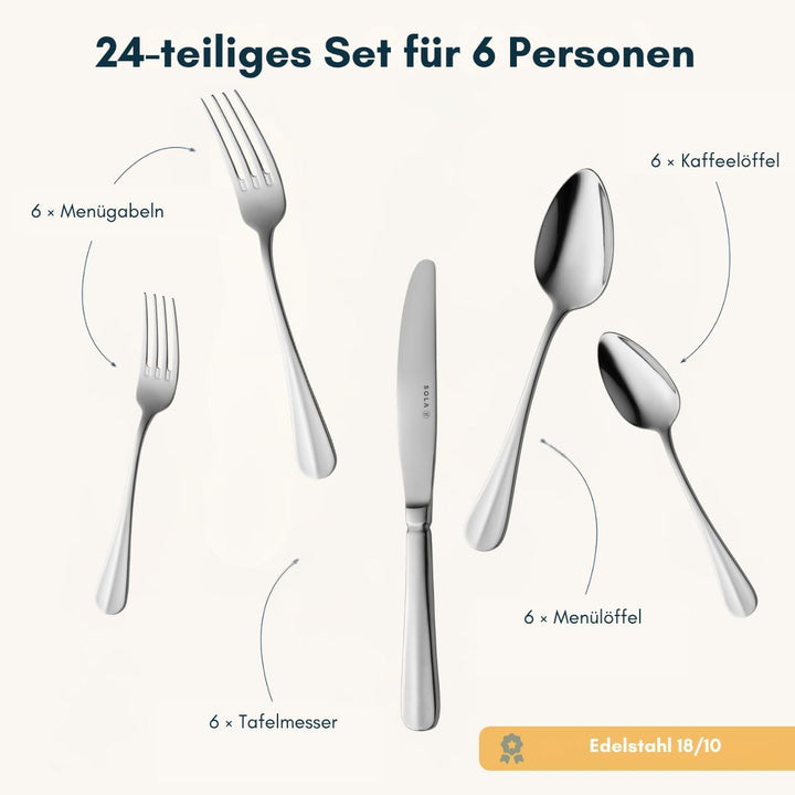 Sola Hollands Glad Besteck Set - 6 Personen Essbesteck - 24 Teilig, 18/10 Rostfreiem Stahl - Robuste