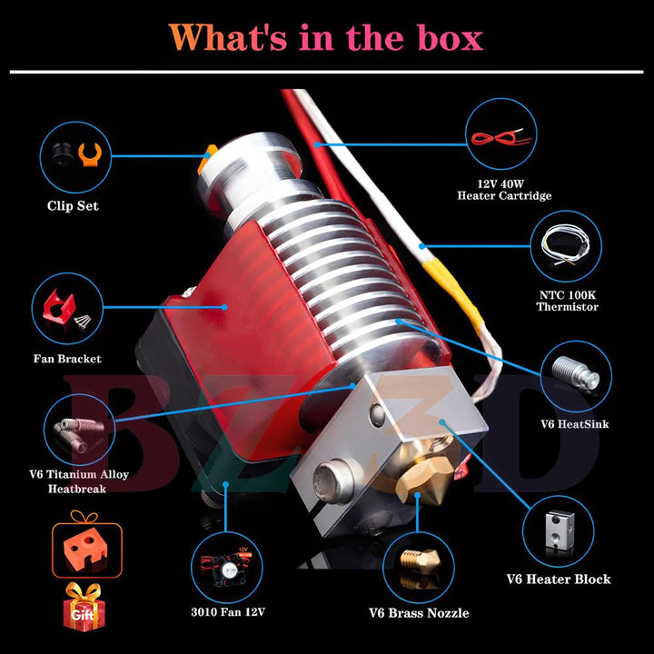 V6 All Metal Hotend 12V 40W Direct & Bowden Kit,V6 Messing Düsen 0.4mm,Heatbreak Titanlegierung,Lüft