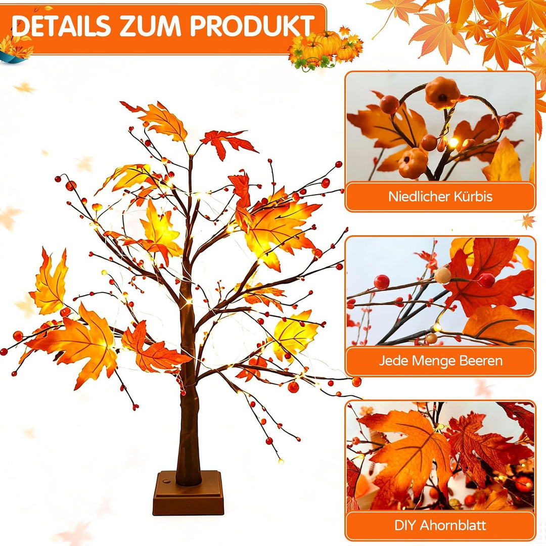 Herbstdeko Ahornblatt Baum Lichter, 61cm Herbst Dekoration Lichterbaum Für Innen mit Timer, Herbst D