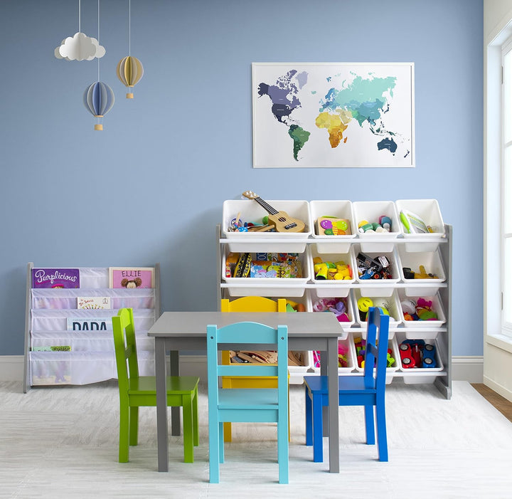 Humble Crew bunter Holztisch für Kinder, Grau/Blau/Grün/Gelb! Mit 4 Stühlen, ideal für Kinderzimmer.