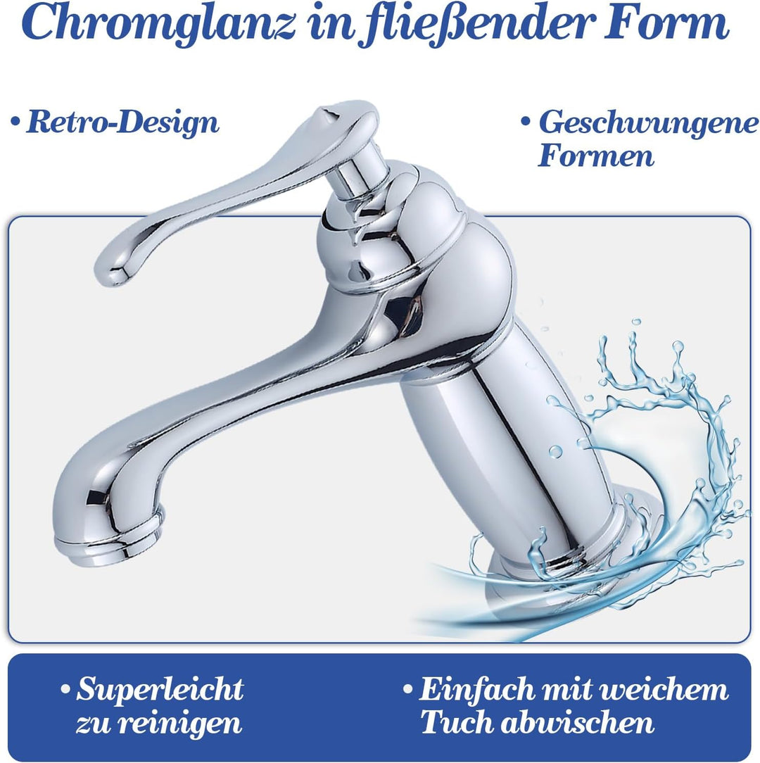 Wasserhahn Badezimmer Retro, Messing Waschtischarmatur Einhebelmischer mit Elegant Geschwungenem Aus