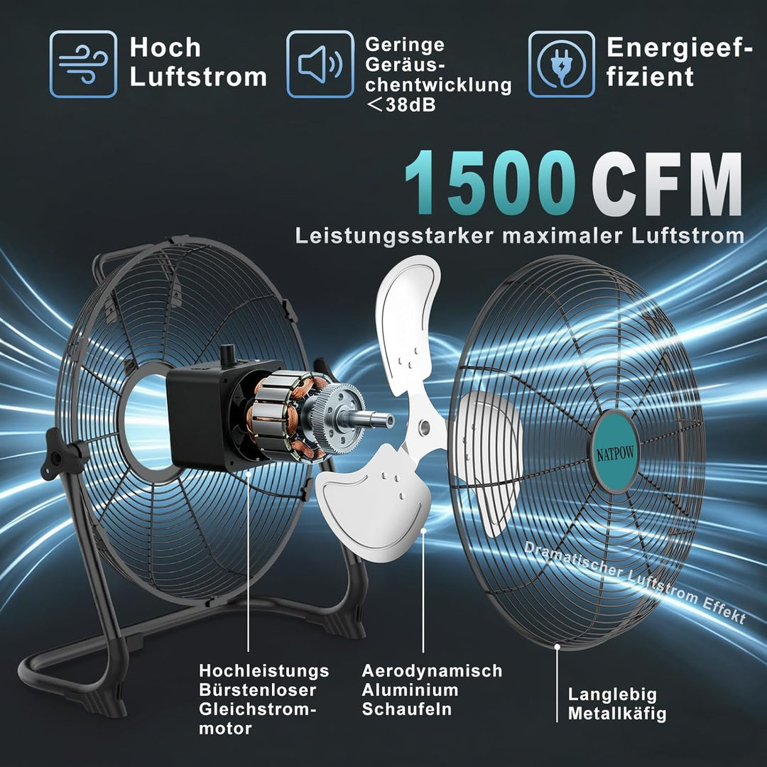 Bodenventilator 30 cm, Ventilator mit Typ C und USB-Aufladung für Adapter und Makita (Kein Akku), 15