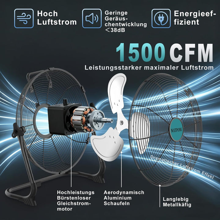 Bodenventilator 30 cm, Ventilator mit Typ C und USB-Aufladung für Adapter und Makita (Kein Akku), 15