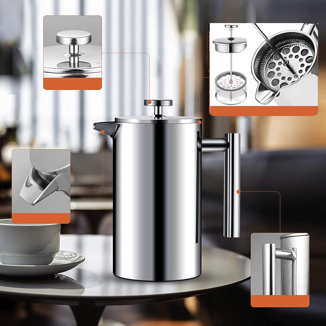 MaxMiuly Kaffeebereiter 1 Liter French Press, Doppelwandig Edelstahl Kaffeepresse Caffettiera, Therm