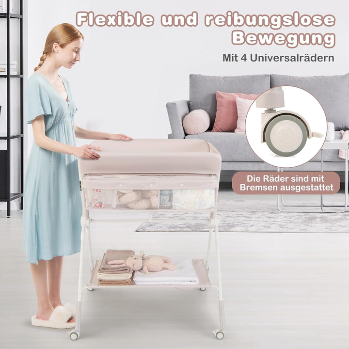 COSTWAY 3 in 1 Wickeltisch klappbar, mobile Wickelkommode mit Rollen, Wickelstation höhenverstellbar