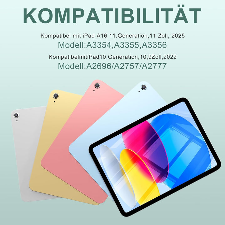 Hülle mit Tastatur für iPad A16 11. Generation 2025, für iPad 10. Generation 2022 10,9 Zoll, Bluetoo