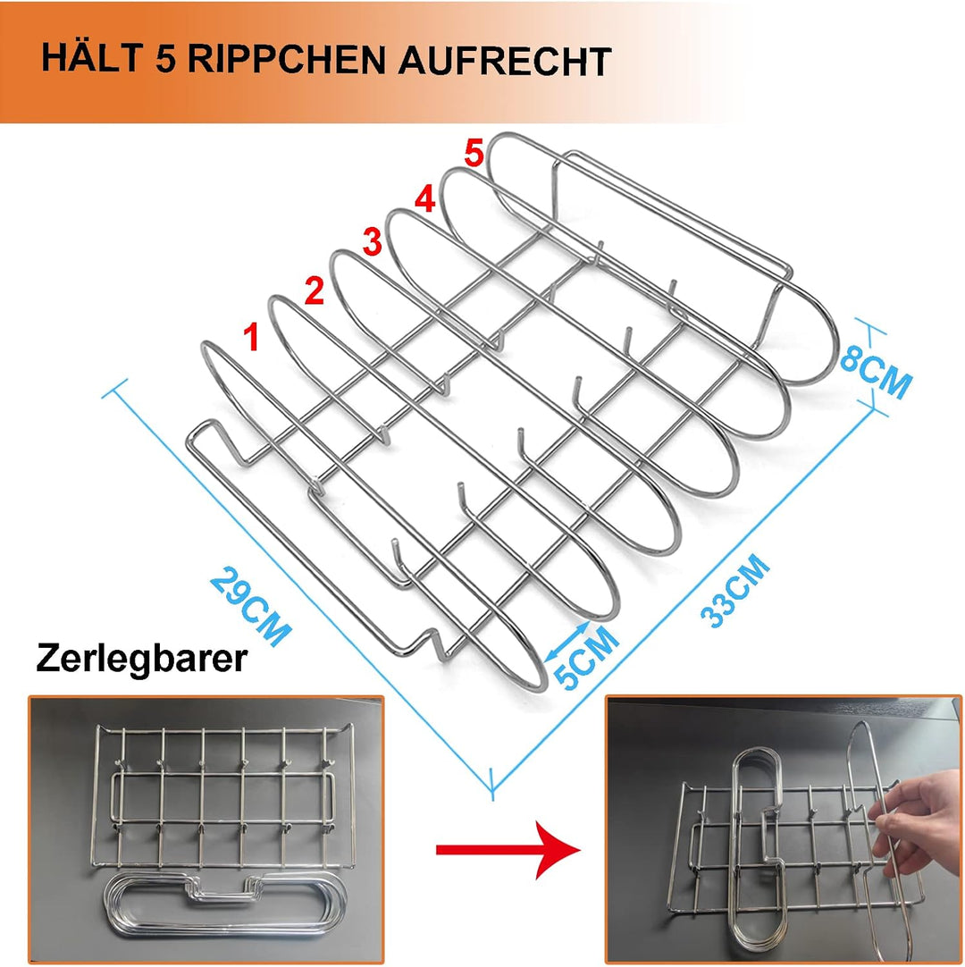 Spareribs Halter Grill – Braten und Rippchenhalter Edelstahl, Aufsatz zur Zubereitung von 5 Sparerib
