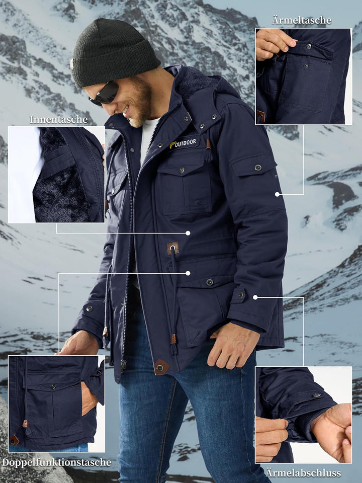 KEFITEVD Winterparka Herren Fleece Gefüttert Winterjacke mit Viele Taschen Kapuze Warm Winter Mantel