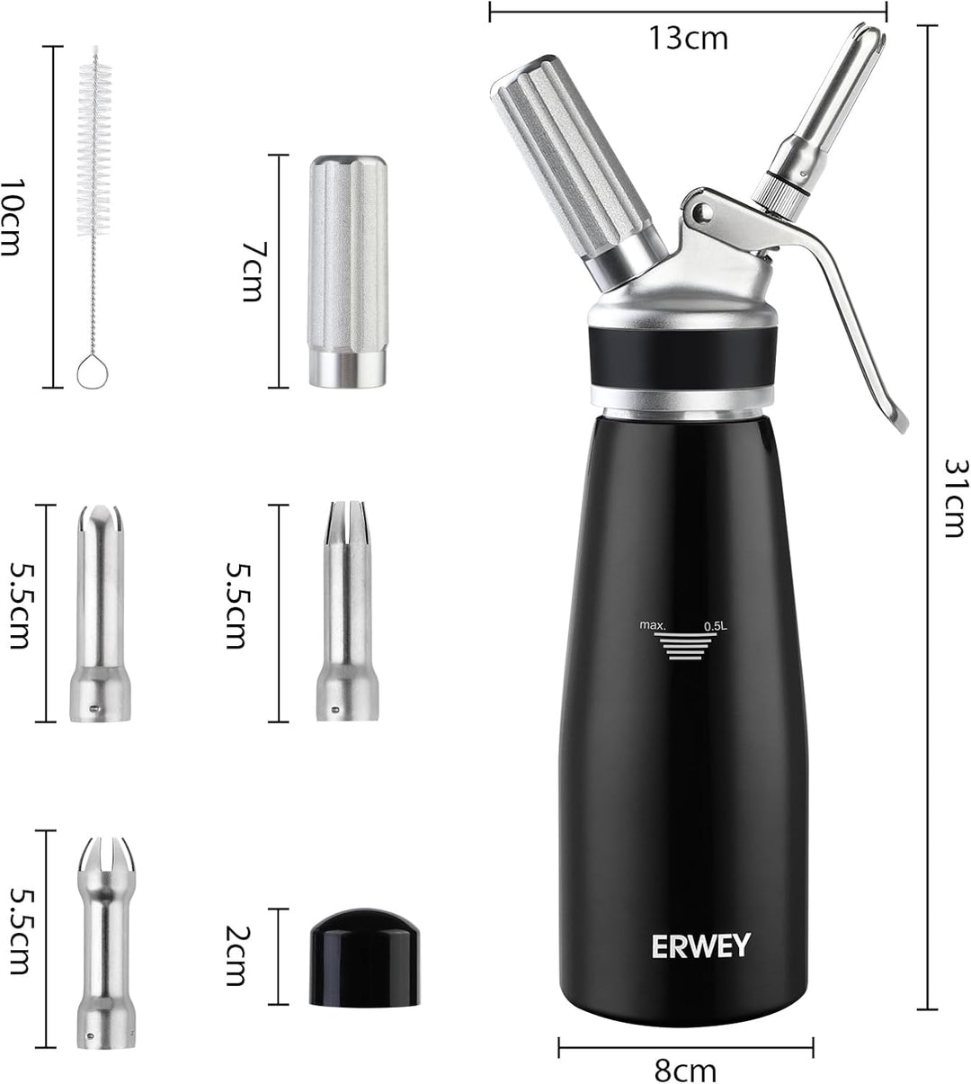 ERWEY Sahnespender 500ML, Sahnesyphon Edelstahl, Sahnesprüher Auslaufsicherer Einfach Reinigen mit 3