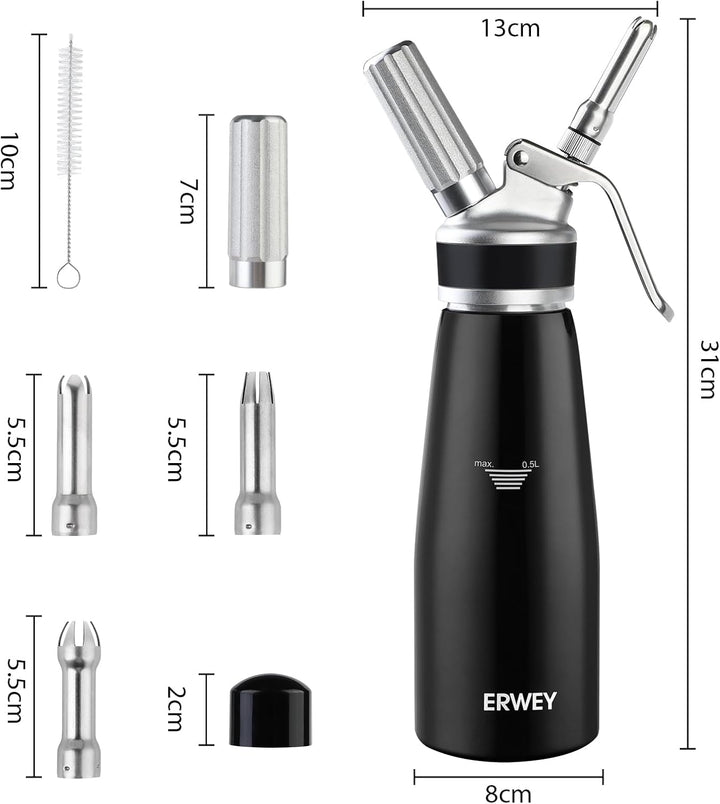 ERWEY Sahnespender 500ML, Sahnesyphon Edelstahl, Sahnesprüher Auslaufsicherer Einfach Reinigen mit 3
