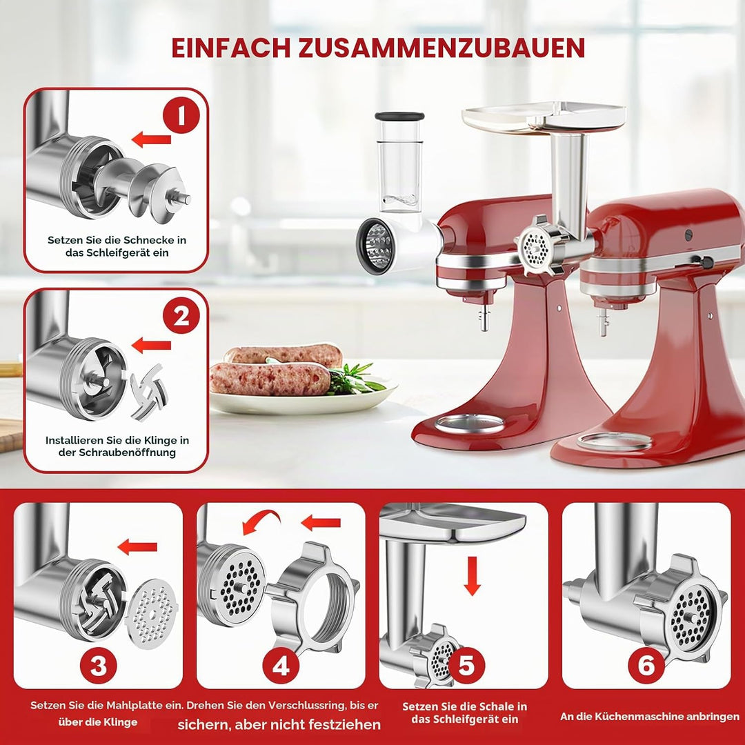 COFUN Fleischwolf Aufsatz für Kitchenaid Zubehör, Metall Fleischwolf Satz mit 4 Mahlscheibe 3 Wurstf