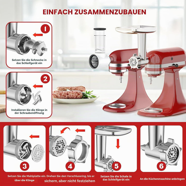 COFUN Fleischwolf Aufsatz für Kitchenaid Zubehör, Metall Fleischwolf Satz mit 4 Mahlscheibe 3 Wurstf
