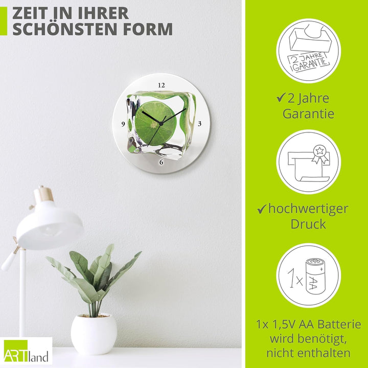ARTLAND Wanduhr ohne Tickgeräusche Glas Quarzuhr Ø 30 cm Rund Lautlos Obst Früchte Limette im Eiswür