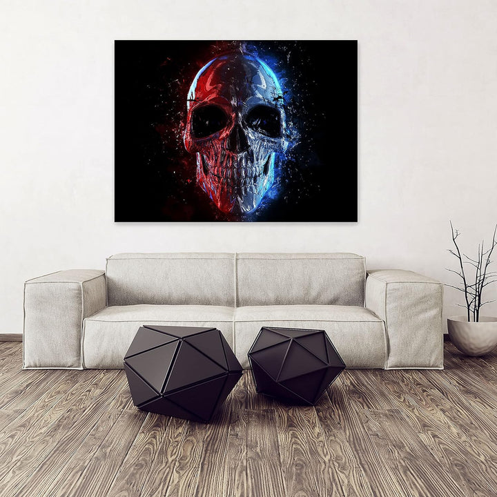 wandmotiv24 Totenkopf Wandbild aus Acrylglas, Grösse 80x60cm, Querformat, silberner Schädel, Rot & B