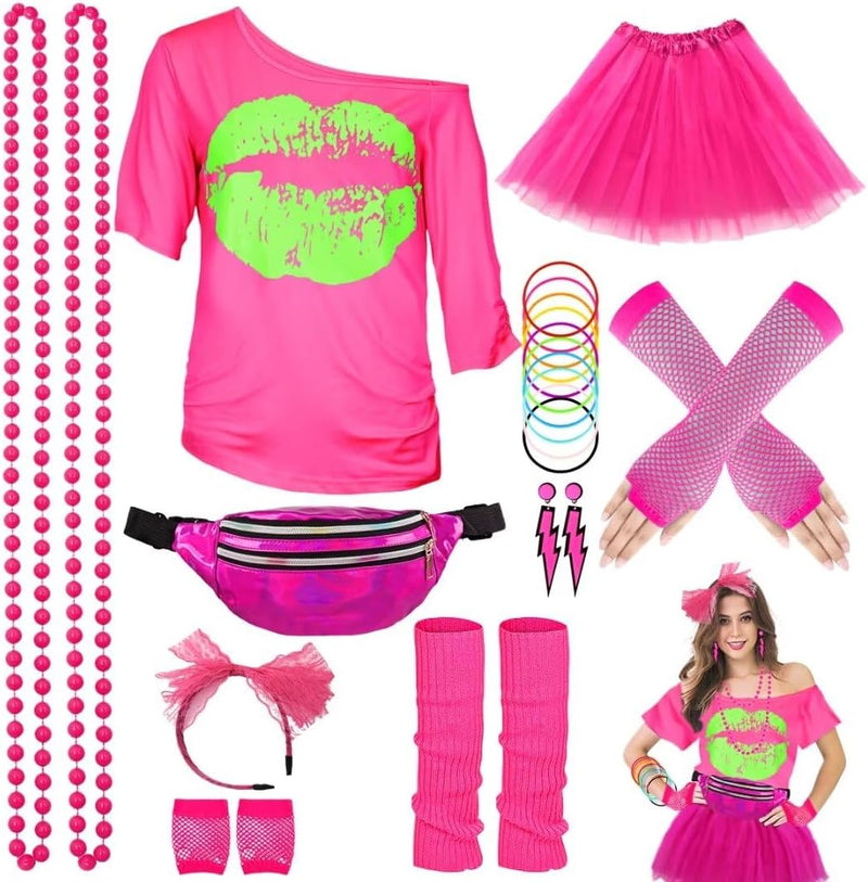 80er Jahre Outfit Damen Set, T-Shirt, Tutu, Gürteltasche, Stirnband, Ohrring, Halskette, Netzhandsch