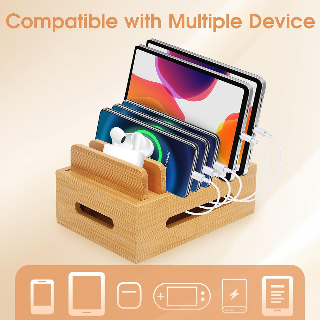 Ladestation aus Holz für Mehrere Geräte, Handy-Dock Tragbarer Tablethalter Handystation Telefonhalte