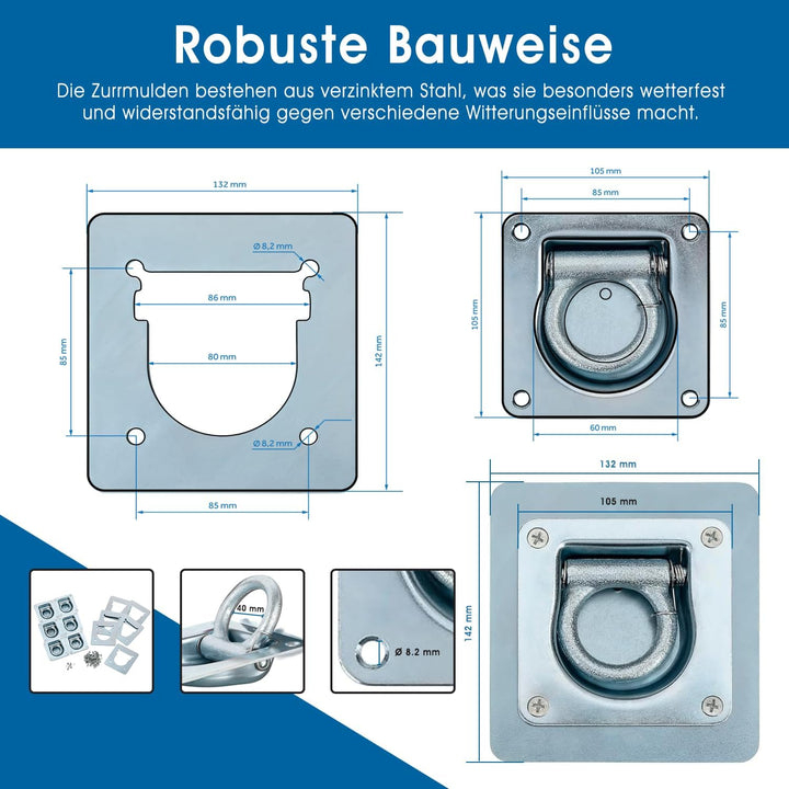 6X Zurrösen mit Gegenplatten & Schrauben - Robuste Zurrmulden für Anhänger | Verzinkte Verzurrösen,