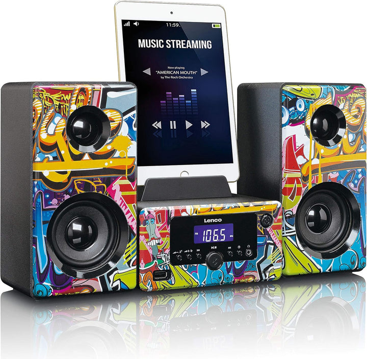 Lenco MC-020 Tags – Mikro-Stereoanlage mit FM-Radio, Bluetooth, USB und AUX, Weckfunktion, USB-Lader