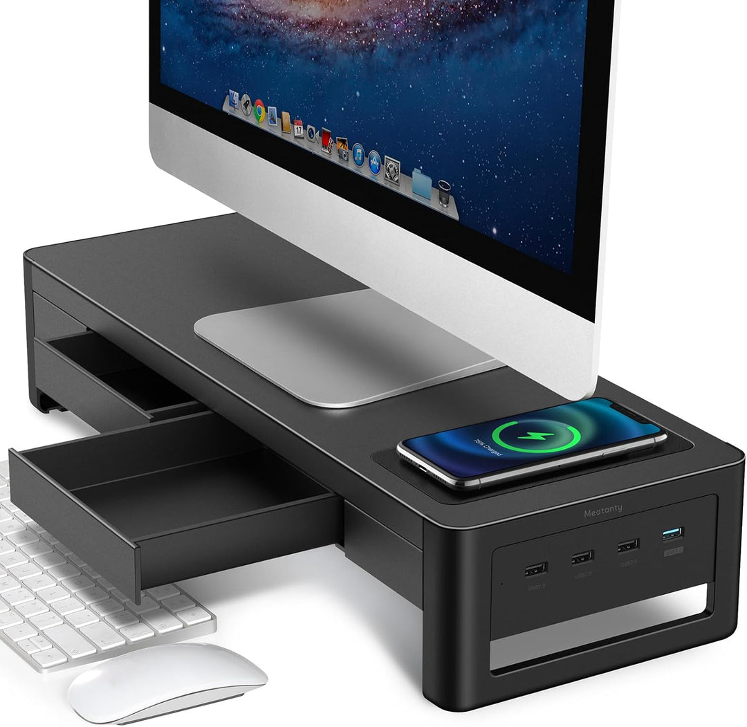 meatanty Monitorständer, 3 in 1 Monitorständer mit USB-Anschlüssen, kabellosem Ladegerät und Schubla