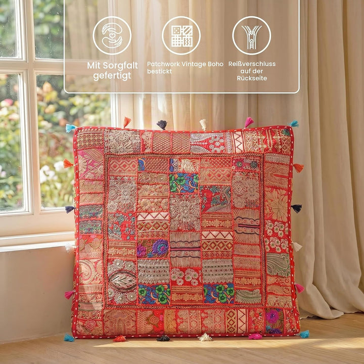 THE ART BOX Baumwolle Patchwork Vintage Boho Bestickt Bodenkissen & Kissenbezug Hund Pouf Sitzpouf M