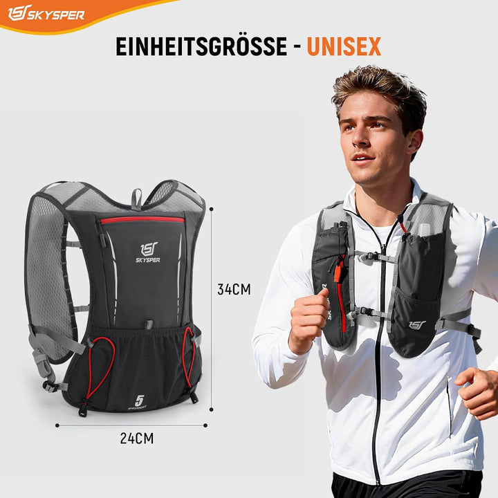 SKYSPER Laufweste Ultraleichter 5L, Trinkrucksack mit weichen Flaschen 500ml Laufrucksack Herren Dam