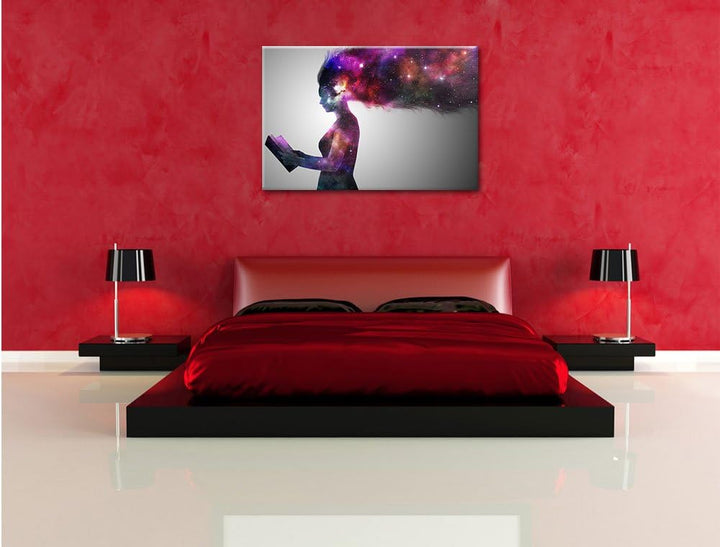 abstrakte Frau mit Buch, Format: 100x70 auf Leinwand, XXL riesige Bilder fertig gerahmt mit Keilrahm