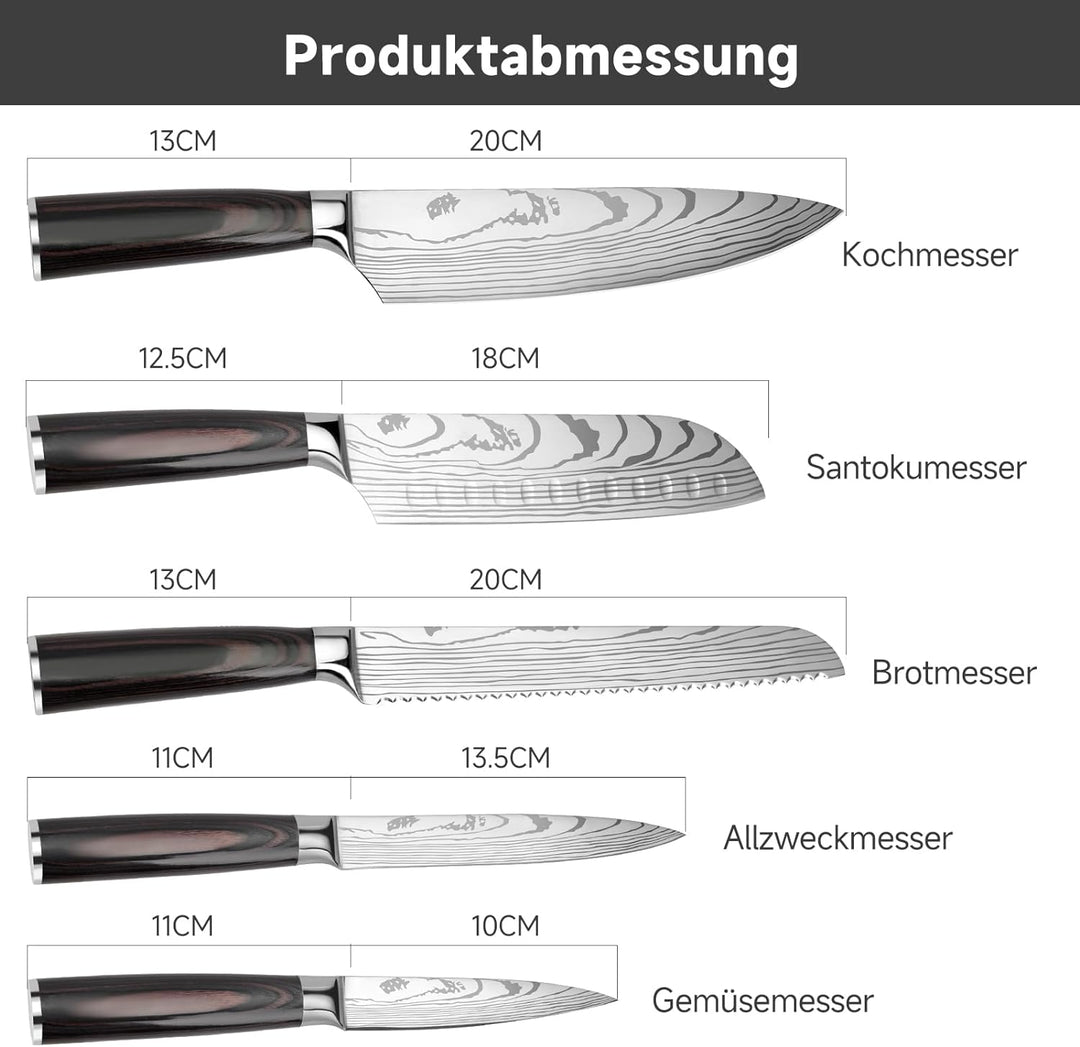 Gustrug Messerset 5-tlg Küchenmesser Set aus Hochwertigem Edelstahl, Ergonomischen Griff, Profi Mess