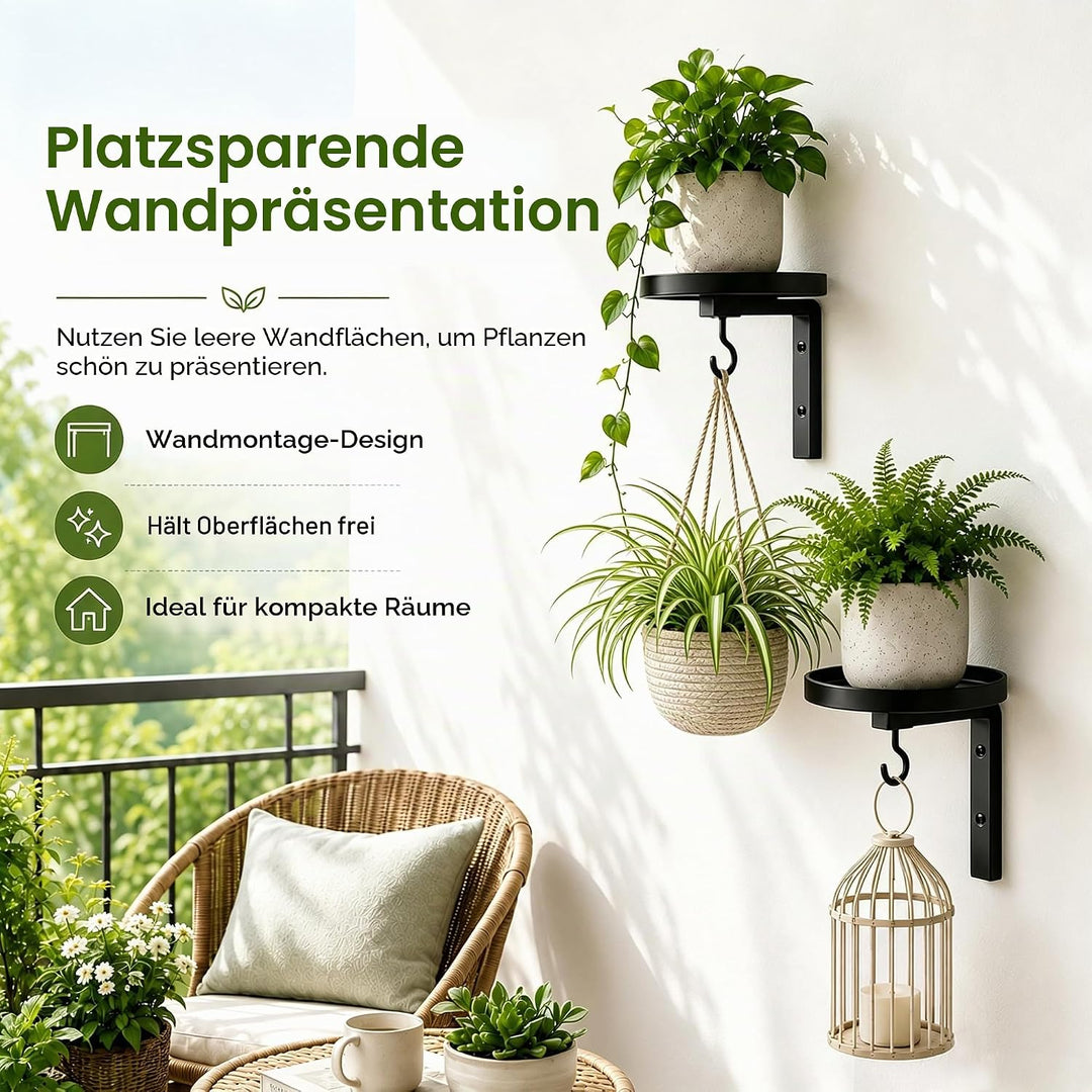 2 Stück Pflanzenständer Wand, Pflanzenhalter Metall mit rundem Tablett und Haken, Blumenständer Wand