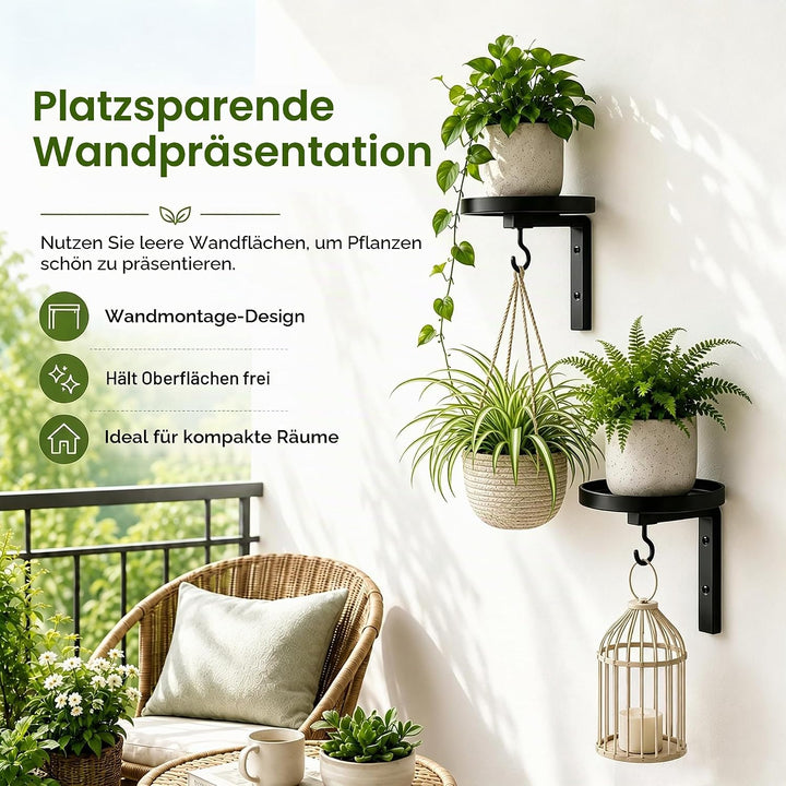 2 Stück Pflanzenständer Wand, Pflanzenhalter Metall mit rundem Tablett und Haken, Blumenständer Wand