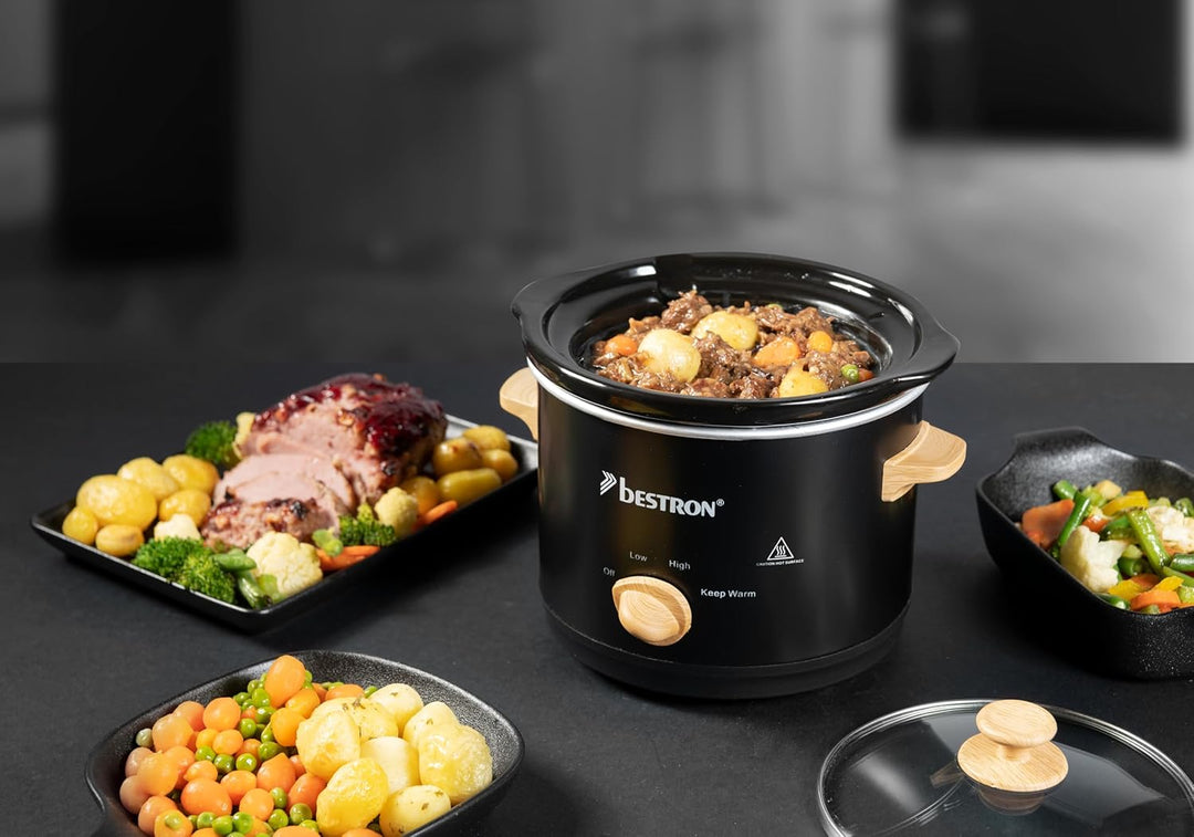 Bestron Slowcooker für 2 Personen, Schongarer mit Keramikpfanne & Glasdeckel, 3 Stufen-Thermostat, i